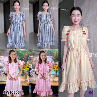 CS10306 เดรสคอเหลี่ยมเชอรี่ลายริ้ว Square Neck Cherry Striped Dress