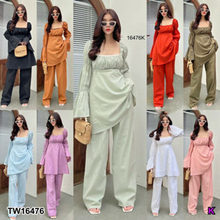 TwinsShopVip💗พร้อมส่ง TW16476 Set 2 ชิ้น เสื้อแขนยาว ทรงมินิเดรส + กางเกงขายาว