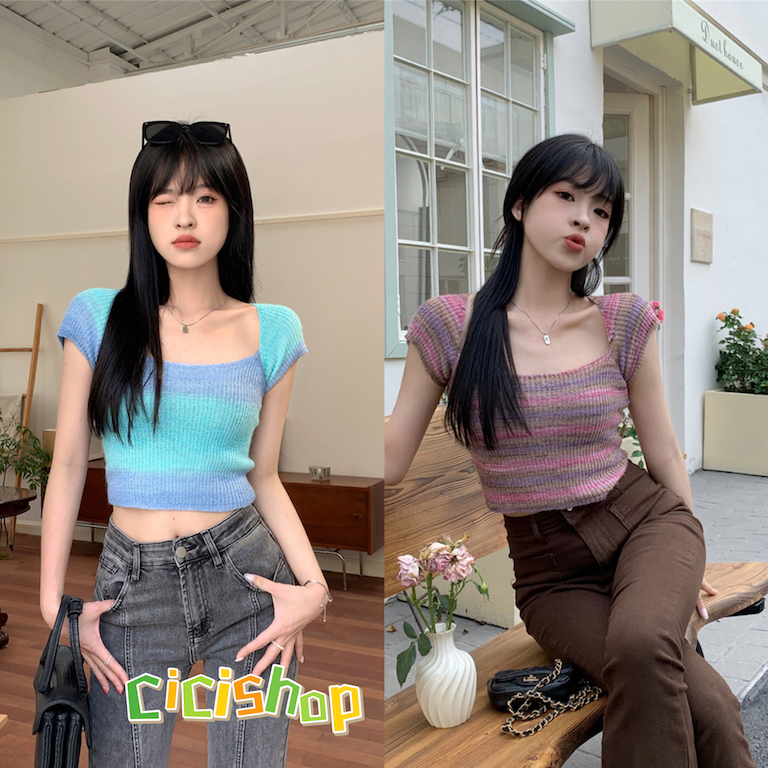 Cicishop(12359-1)เสื้อไหมพรมผ้าถัก แขนสั้นทรงเข้ารูป แต่งไล่โทนสี