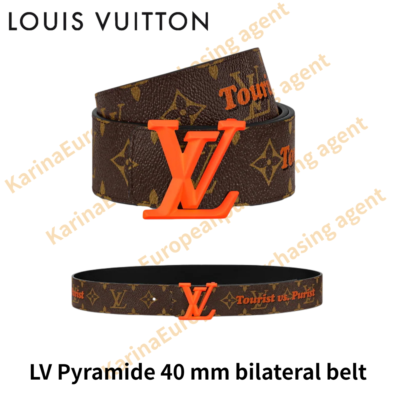 LV Pyramide 40 mm bilateral belt Louis Vuitton Classic models Made in France Orange belt
