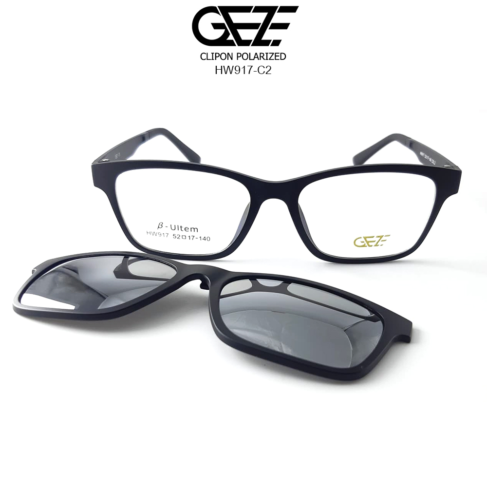 กรอบแว่นสายตา GEZE Clip-On รุ่น HW917 – C2 เต็มกรอบสีดำด้าน คลิปออนแม่เหล็กปรอทเงิน Polarized