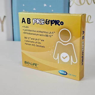 AB Pre&amp;Pro MEGA We care เอบี พรีแอนด์โปร ผลิตภัณฑ์เสริมอาหาร เมก้า วี แคร์ กล่องบรรจุ 10 ซอง กล่องเหลือง