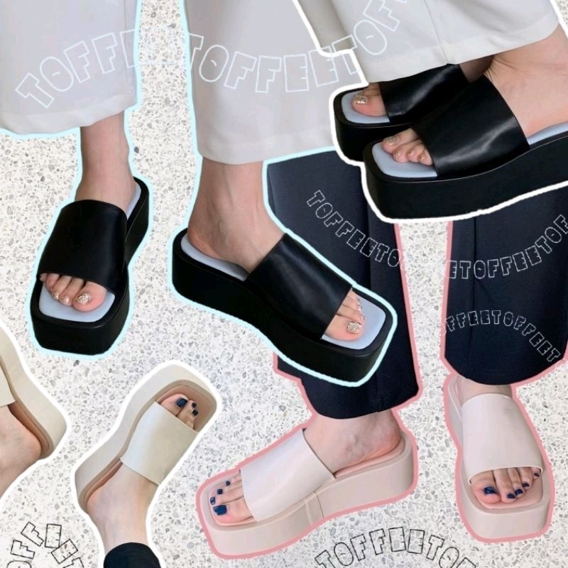 OhBlablaShoes  พร้อมส่ง  รองเท้าแตะส้นตึก  ( รุ่น TOFFEE )  สีดำ , ครีม ราคา ถูกที่สุด ดีลบีเคเค