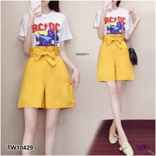 CS10429 Set 2 ชิ้น เสื้อแขนสั้นลายกราฟฟิก + กางเกงเอวระบาย +สายผูก Set 2 pcs. Graphic short-sleeve shirt + ruffled waist