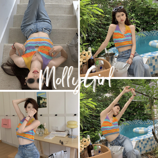 Mollygirl เสื้อสายเดี่ยว คล้องคอ เสื้อไหมพรมสายเดี่ยว สีสันสดใส 2117-1#