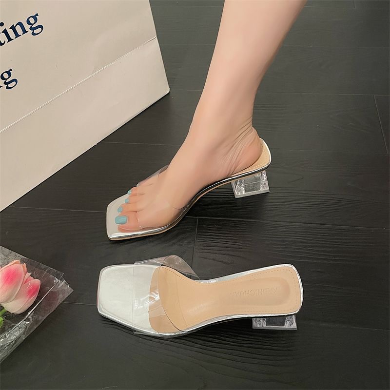 🌸พร้อมส่ง🌸รองเท้าส้นสูงแฟชั่นผู้หญิง รองเท้าแตะส้นสูงแบบใส เปิดนิ้วเท้าส้นหนาสีทึบ