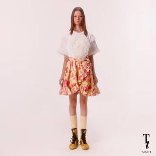 TandT - Neon Floral Printed Tie-Bow Asymmetric Ruffle Wrap Skirt กระโปรงสั้น ระบาย พิมพ์ลายดอก