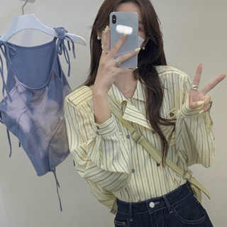 🍦🌼✨เชิ๊ตOversizeแขนยาวริ้วปกแต่งกระดุม# 45