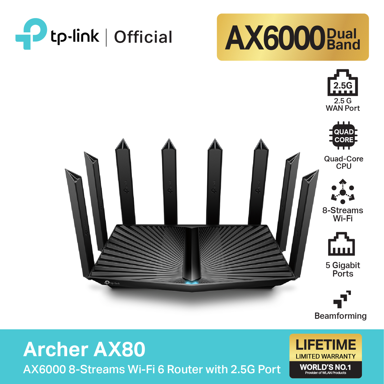 TP-Link Archer AX80 AX6000 8-Stream Wi-Fi 6 Router with 2.5G Port เราเตอร์ไวไฟ6