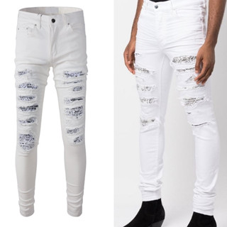 28 พร้อมส่ง Amiri white ripped jeans new cashew flower patch