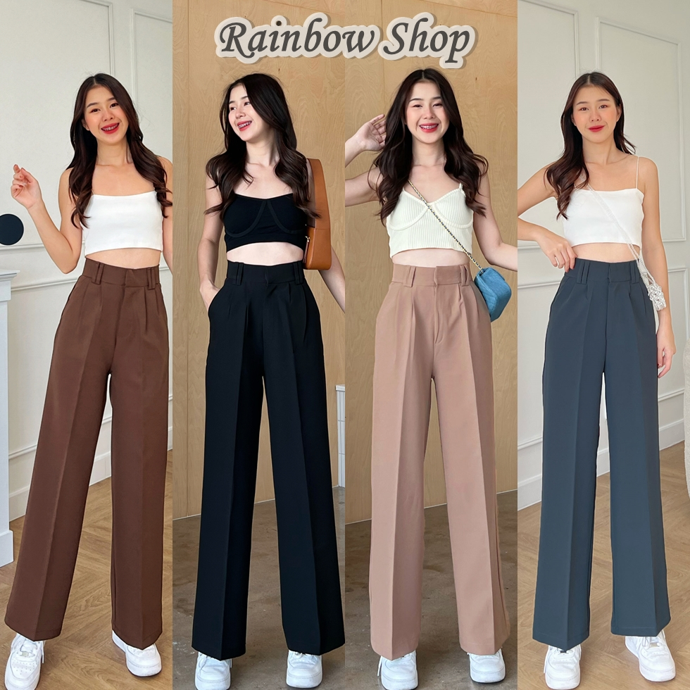 กางเกงขากระบอกใหญ่เอวสูง รุ่นแต่ง 2 หู ทรงสวยสะโพกใหญ่ ผ้าA80  ผ้าหนา ใส่สบาย  (C)