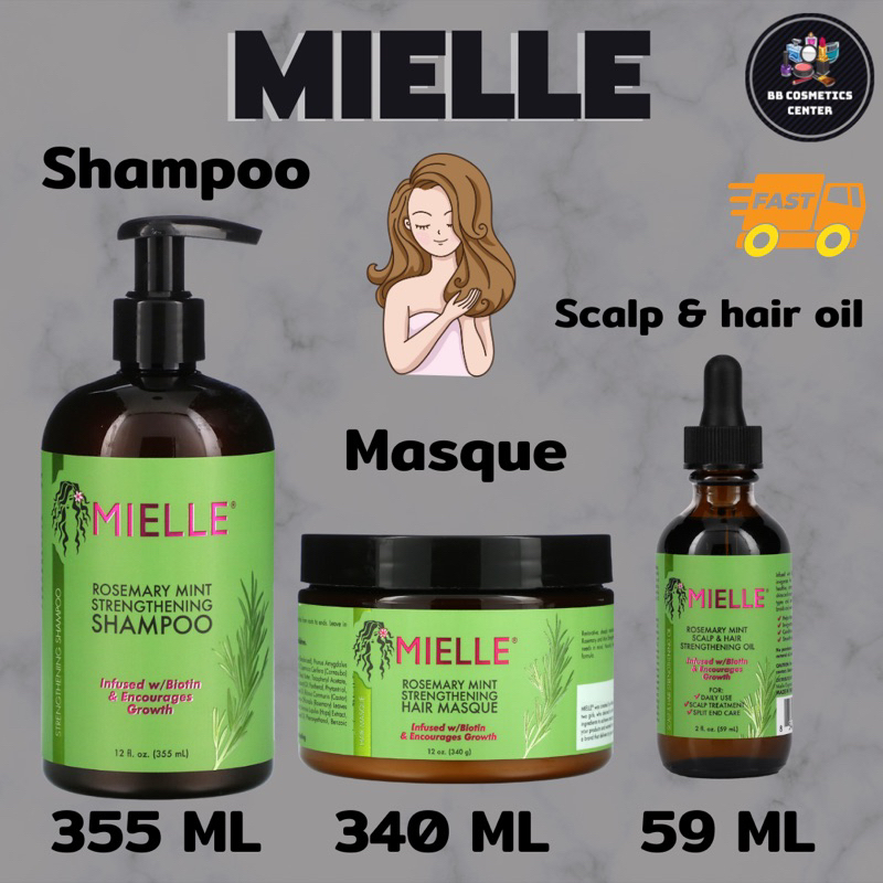 MIELLE Rosemary Mint Strengthening Shampoo 355ml, Masque 340ml, Scalp & Hair oil 59 ml., Mielle rose