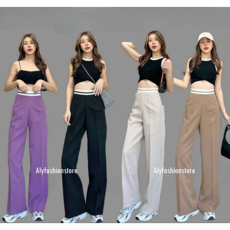 รุ่นขายดี กางเกงทรงกระบอกกลาง แต่งกุ้นขอบขาว (BU101) ซิปซ่อนด้านหลัง เอวสูง มีเป๋า2ข้าง ผ้าไมโคร งานดีทรงสวย พร้อมส่ง