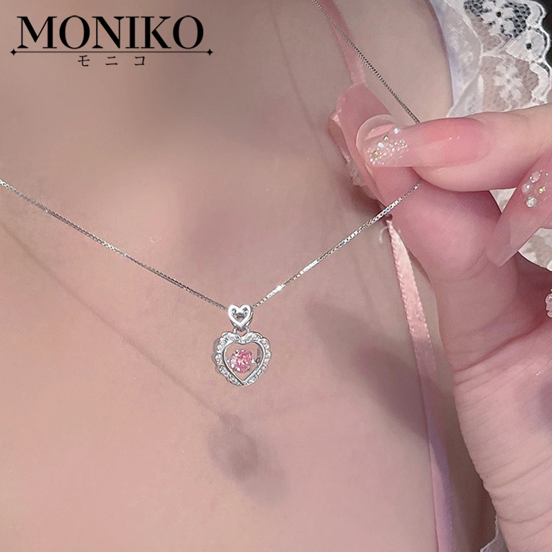 MONIKO เครื่องประดับ สร้อยคอ จี้หัวใจ ประดับเพชรเทียม เพทาย สีชมพู สําหรับผู้หญิง