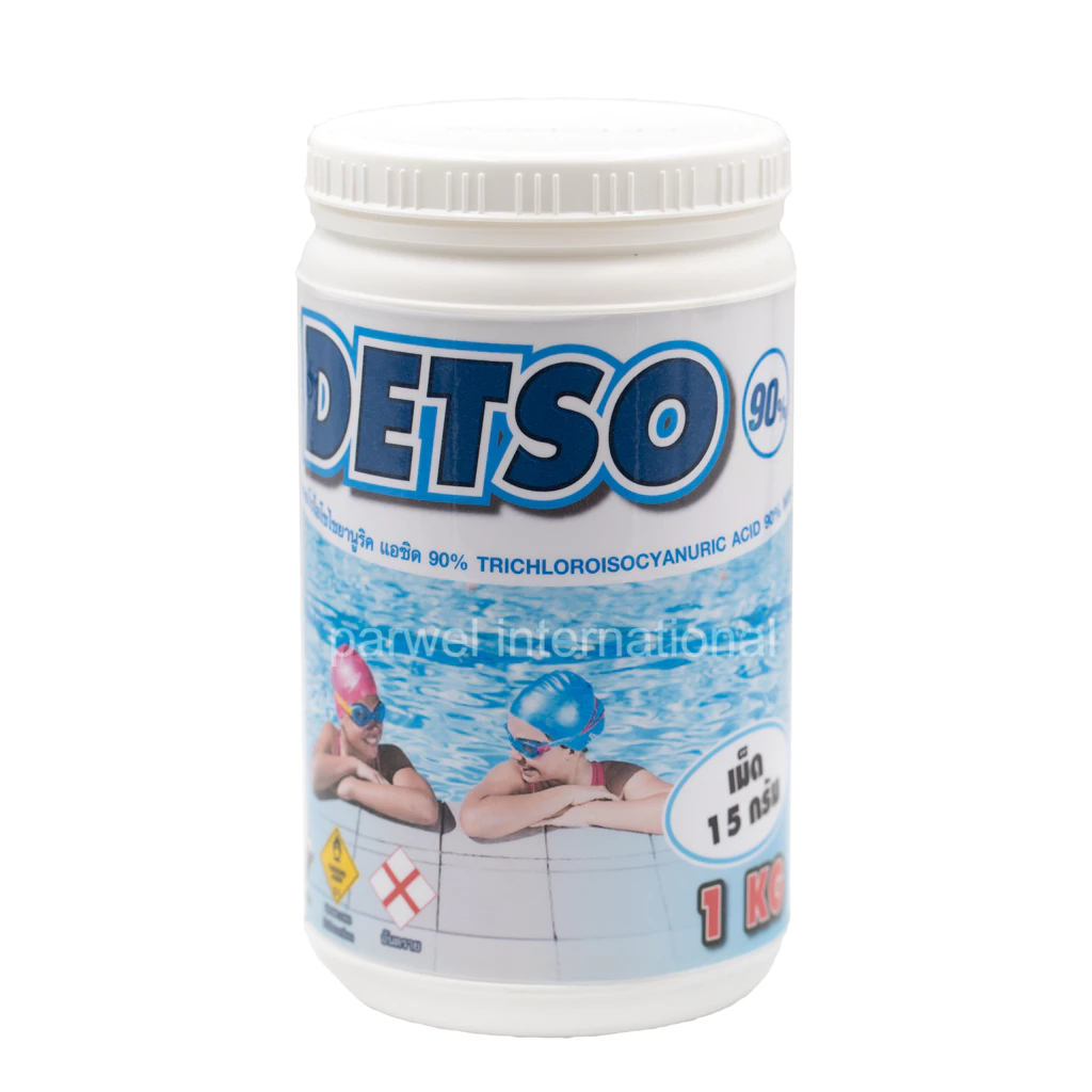 คลอรีน 90% ชนิดเม็ด 15 กรัม TCCA 90% ตรา DETSO บรรจุ 1 กิโลกรัมในกระปุก
