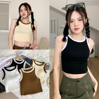 🔥ราคาถูกที่สุด🔥เสื้อกล้าม ทรงครอป สีพื้น กุ้นขอบทูโทน อกมีฟองน้ำ