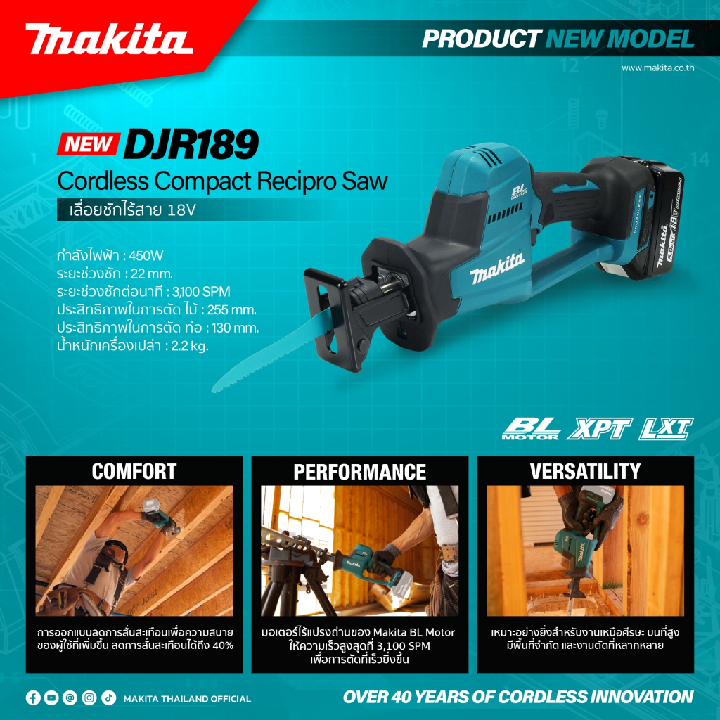 เลื่อยชักไร้สาย 18 โวลต์ MAKITA รุ่น DJR189Z ความยาวช่วงชัก 7/8 นิ้ว (ไม่รวมแบตเตอรี่,แท่นชาร์จ)BL M