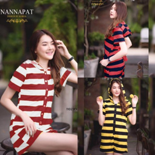 CS11023 จั้มสูทลายทางขาสั้น มีหมวกฮู้ด Striped jumpsuit with hood