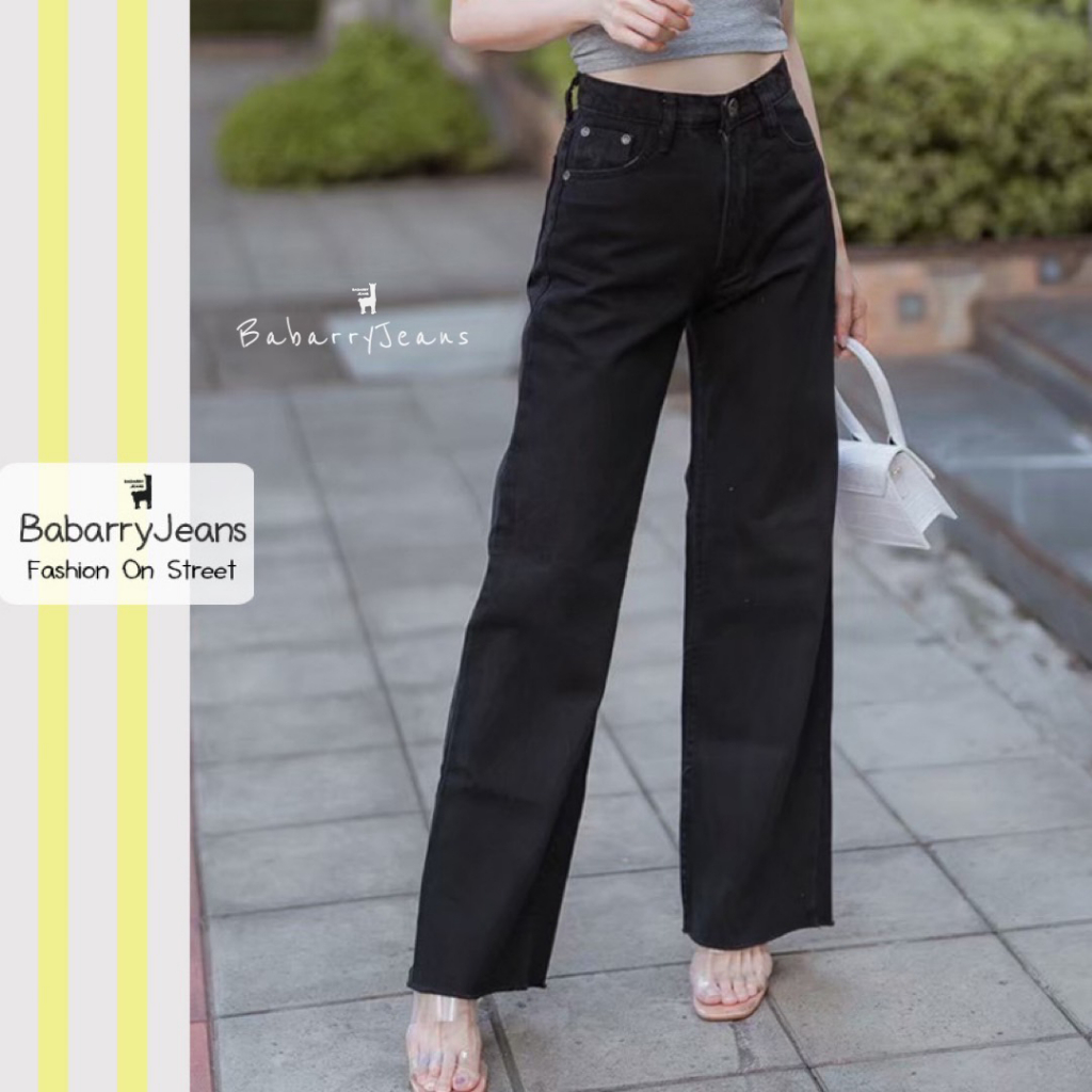 BabarryJeans มีบิ๊กไซส์ S-5XL ยีนส์ทรงกระบอก ขาตรง ปลายตัด วินเทจ เอวสูง ผ้ายีนส์ไม่ยืด (Original) สีดำซุปเปอร์แบล็ค