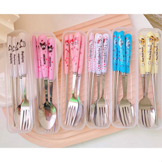 ช้อนส้อมการ์ตูน ชุดช้อนส้อมตะเกียบ สเตนเลส แบบการ์ตูน แบบพกพ…