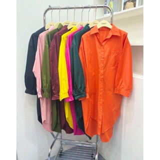 Dress shirt เดรสเชิ้ตตัวยาว คอปก เว้าข้าง หน้าสั้นหลังยาว