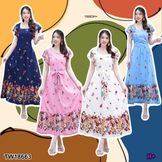 TwinsShopVip💗พร้อมส่ง  TW18663 Maxi dress ลายดอกเชิงทรงคอเหลี่ยม แขนระบาย ..