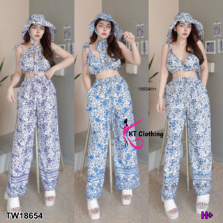 J18654 set 2 ชิ้น เสื้อสายเดี่ยว ผูกไหล่ พิมพ์ลาย + กางเกงขายาว 2-piece set: tank top with shoulder tie + long pants