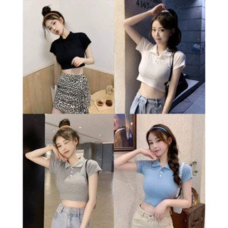เสื้อครอปคอปกมีกระดุมแขนสั้น เอวลอย (ผ้าร่อง) คอปกมีกระดุม ครอปกระดุม แนวมินิมอลน่ารักสไตล์เกาหลีมาก
