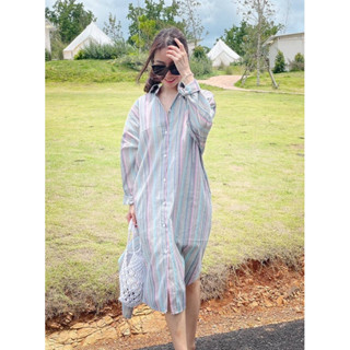 Dress strip shirt oversized เดรสเชิ้ตผ้าลินิน และหน้ายิ้ม มี…