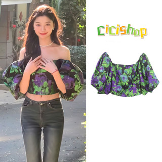 Cicishop(WK912)เสื้อเกาะอกเปิดไหล่ มีสม็อคด้านหลัง แขนพอง ลายดอกไม้ สีสันสดใส ใส่แล้วหรูมากกก