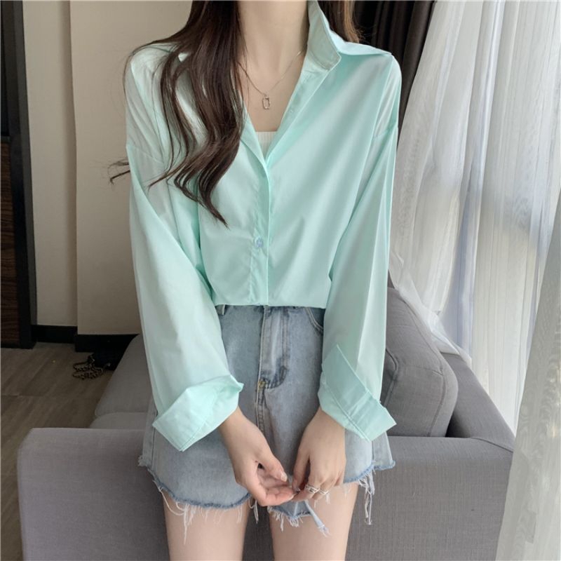 KT01เสื้อเชิ้ตผู้หญิง สีฟ้ามิ้นท์ เสื้อเชิ้ตคอปกแขนยาว