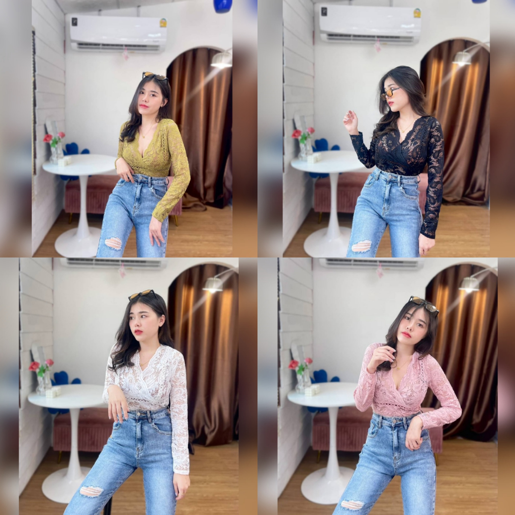🌈 SpinnyHouse 🌈เสื้อลูกไม้ ลูกไม้แต่งลายสลับลายฉลุ ทรงคอวีไขว้หน้าแขนยาว  แท๊กซี่ B-032-4-BB