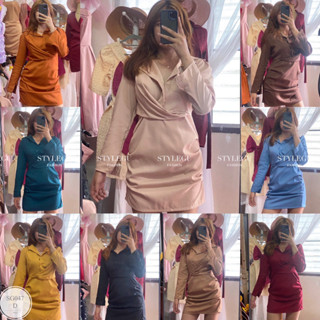 SS047 Dress เดรสสั้นคอปกสูท แขนยาวปลายแขนติดกระดุม