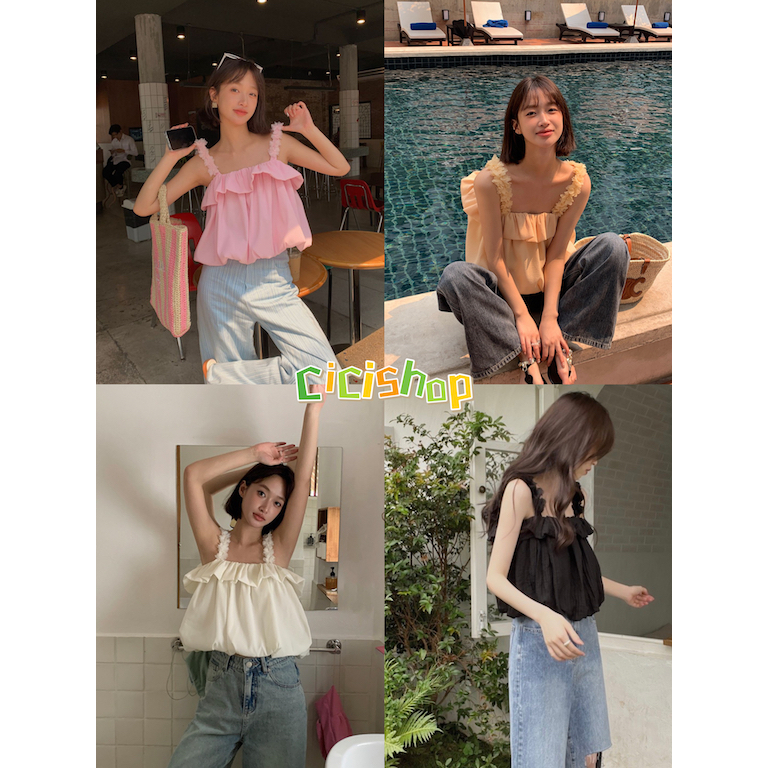 Cicishop(WK899)สายเดี่ยวดีเทลตรงสายเป็นดอกกุหลาบ คอระบาย ทรงบอลลูนสีพื้น แฟชั่นสายหวาน