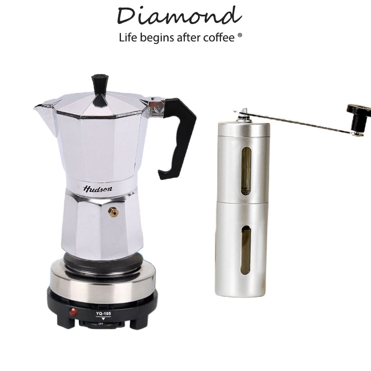 ❤ Diamond Coffee ชุดหม้อต้มกาแฟ 3/ 6 ถ้วย-พร้อมเตาไฟฟ้า ชุดออกร้าน ชุดเริ่มต้น 500W ที่บดกาแฟ  Mocha