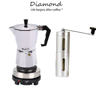 ❤ Diamond Coffee ชุดหม้อต้มกาแฟ 3/ 6 ถ้วย-พร้อมเตาไฟฟ้า ชุดออกร้าน ชุดเริ่มต้น 500W ที่บดกาแฟ Mocha Moka Pot