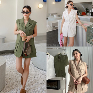 BASIC SAFARI SHIRT SET 🤍🪵🌵(530฿ฟรีส่ง) เซทซาฟารีแขนกุด เนื้อผ้าเรียบๆนิ่มๆค่า มาพร้อมกางเกงขาสั้น กางเกงเอวสูง glam