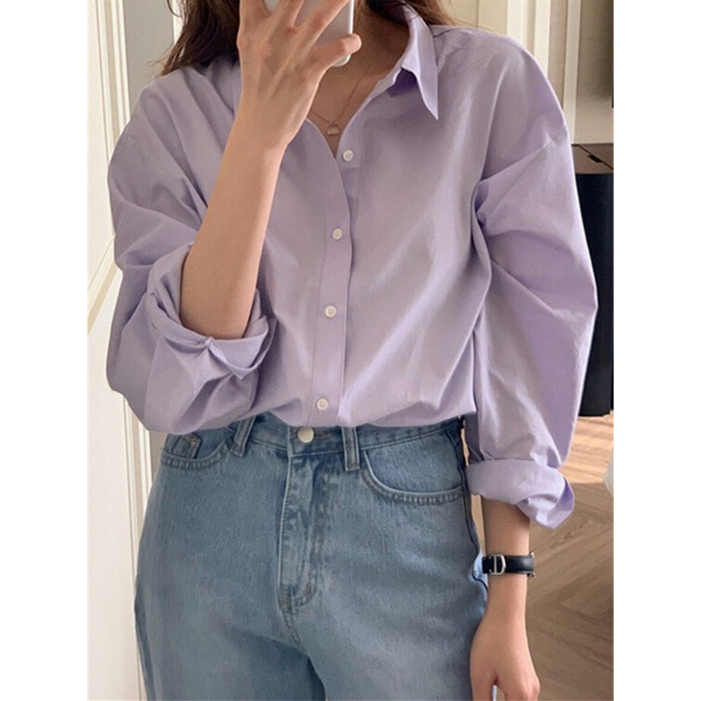 COD😁SMD2988😁เสื้อเชิ้ตคอปกแขนยาวผู้หญิงสีทึบเรียบง่าย เสื้อทํางานย้อนยุคเกาหลีแฟชั่น ผ้านิ่มมาก