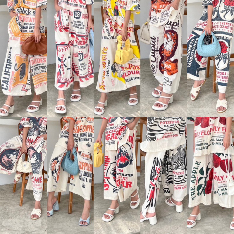 📌ทักก่อนสั่ง📌5664 กางเกงผ้าดิบฟอกนิ่ม สกรีนลาย ทรงขาบาน เอวสม็อค 26”-32” MTD