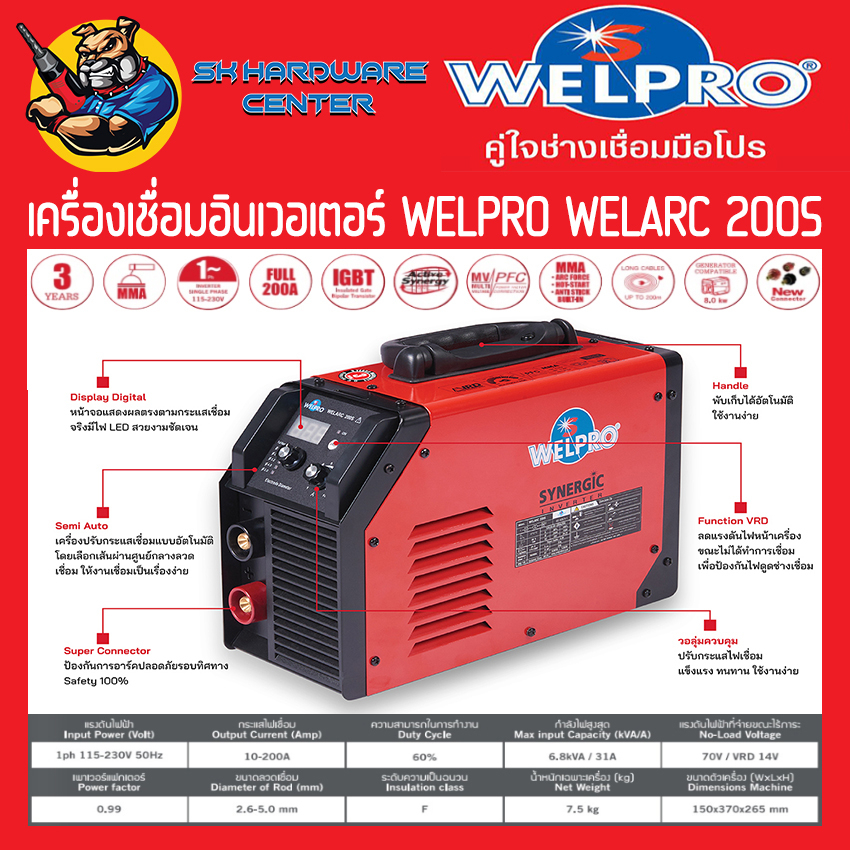 ตู้เชื่อมอินเวอร์เตอร์ SYNERGIC กระแสไฟเชื่อม 200A WELPRO รุ่น WELARC 200S (รับประกัน 3ปี) (มีใบกำกับภาษี)