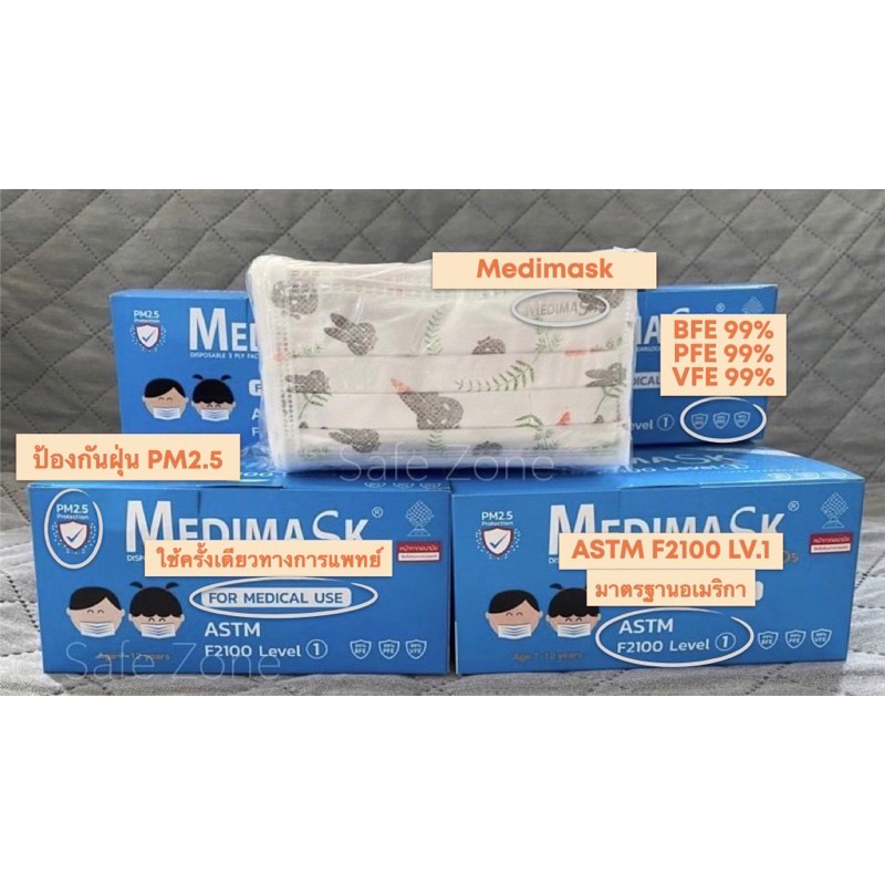 ‼️พร้อมส่ง‼️ Medimask หน้ากากอนามัยเด็ก 3 ชั้น เกรดการแพทย์  อายุ 7-14 ปี  🔺ลายกระต่ายเทา🔺ป้องกันฝุ่น PM 2.5 ผลิตไทย