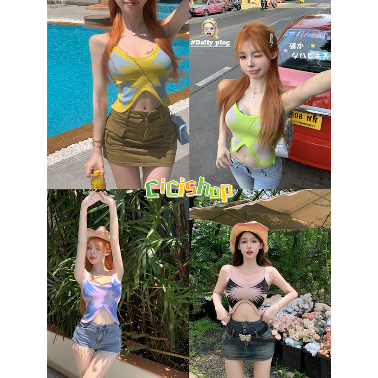 Cicishop(SALE M869)เสื้อสายเดี่ยวไหมพรม ทรงผีเสื้อลายดอกไม้ ดีเทลเว้าข้าง สไตล์สาวเเซ่บ