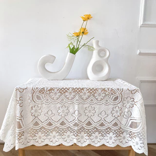 OurHome [พร้อมส่ง] ผ้าปูโต๊ะลูกไม้ Lace tablecloth ผ้าพื้นหลังห้องตกแต่งร้านกาแฟ INS ผ้าปูโต๊ะสีขาวนม