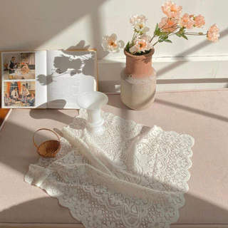 OurHome [พร้อมส่ง] ผ้าปูโต๊ะลูกไม้ Lace tablecloth ผ้าพื้นหลังห้องตกแต่งร้านกาแฟ INS ผ้าปูโต๊ะสีขาวนม