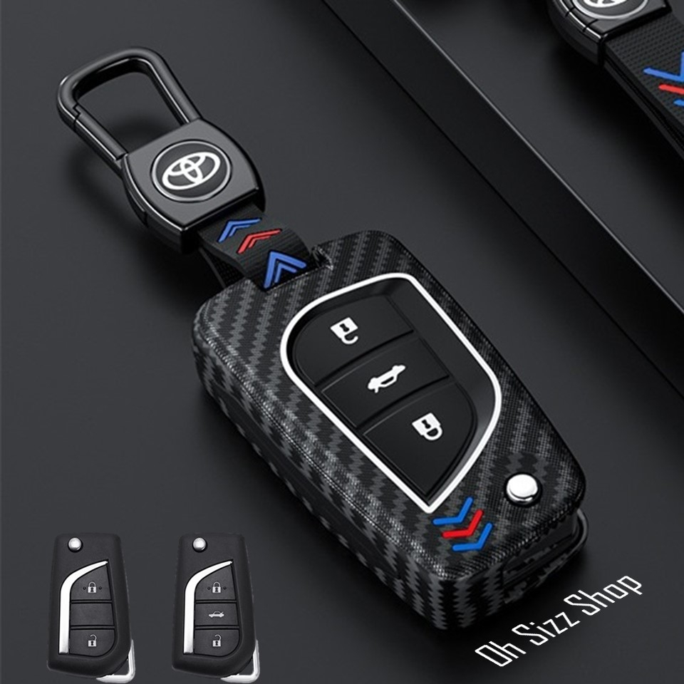เคสรีโมทรถ Toyota Revo กุญแจพับข้าง ลายเคฟล่า 2 ชั้นด้านในหุ้มปุ่มด้วยซิลิโคน (ABS Key Cover Black Silicone Push button