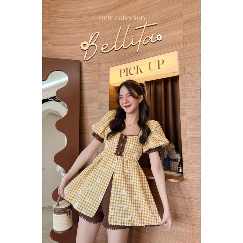 Bellita size S ชุด setเสื้อกางเกงลายดอกไม้สีเหลืองน้ำตาล