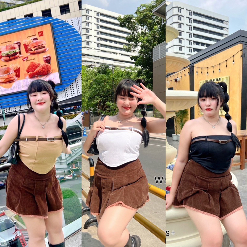 .(อก34-52) (รุ่นCow Girl)เสื้อเกาะอก ไซส์ใหญ่ เสื้อแฟชั่นสาวอวบ สไตล์Y2K ทรงสวย แถมเข็มขัด เก๋สุดๆ #T012