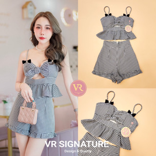 VR  Set เสื้อสายเดี่ยวแต่งเว้าผูกโบว์ เที่ยวคาเฟ่