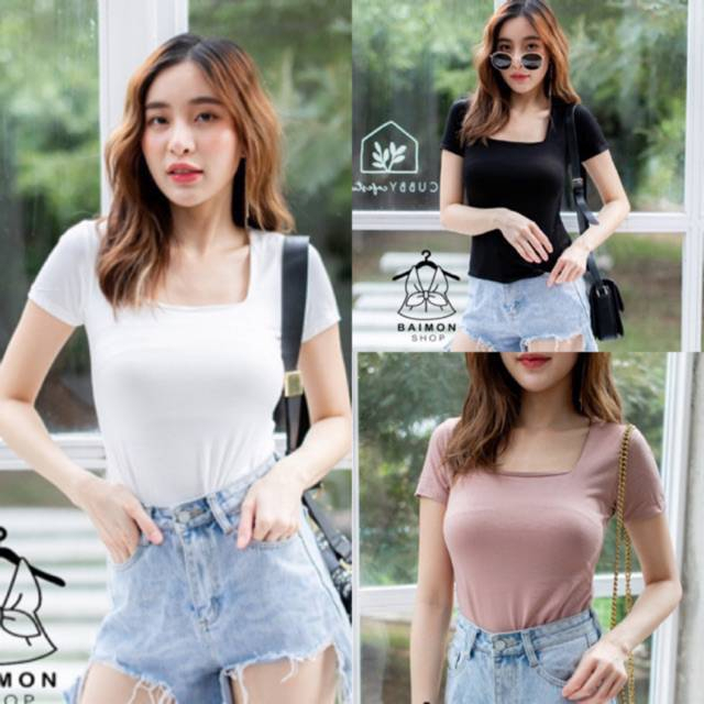 เสื้อคอเหลี่ยมแขนสั้น เต็มตัว (ผ้าเรย่อน) ลุคไฮ-โซ ผ้า2ชั้นนะค่ะ