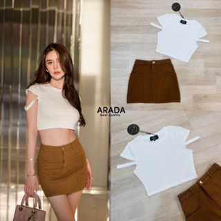 เซ็ตเสื้อยืดคอกลมแขนสั้น และกระโปรงยีนส์สีน้ำตาลเอวสูง (C495) Arada